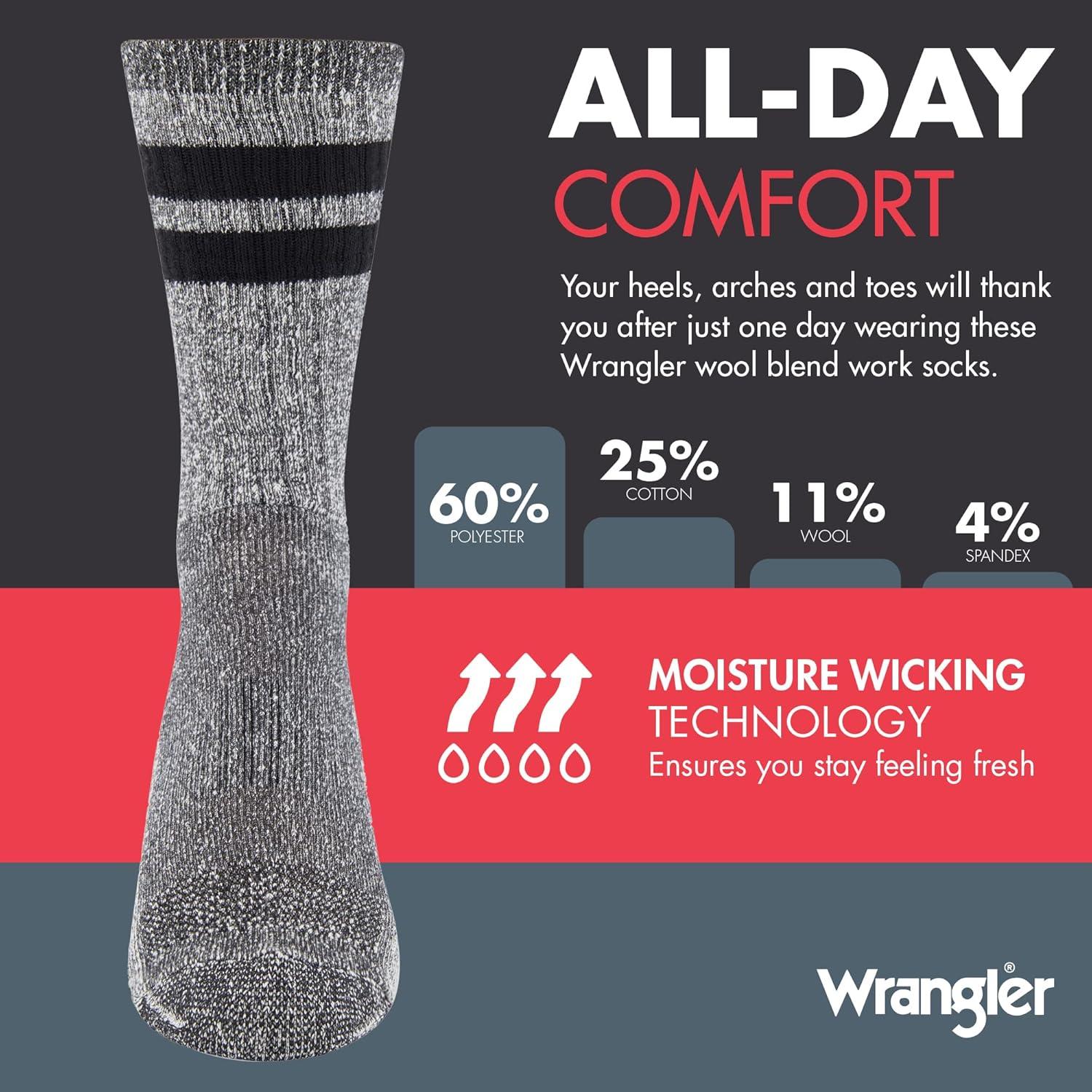 imageWrangler Mens Blended Wool Work Socks Crew Socks for Hiking Boots ampamp AllWeather Wear with Arch Support Size 612Black