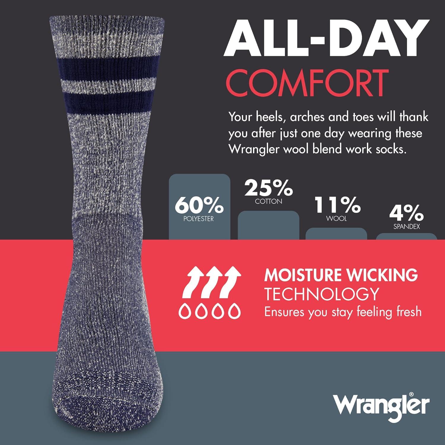 imageWrangler Mens Blended Wool Work Socks Crew Socks for Hiking Boots ampamp AllWeather Wear with Arch Support Size 612Blue