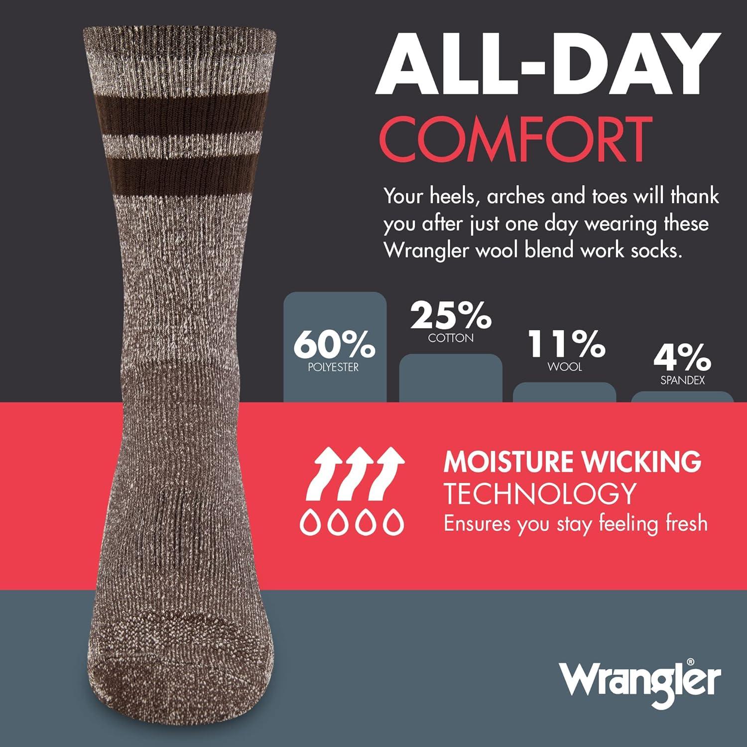 imageWrangler Mens Blended Wool Work Socks Crew Socks for Hiking Boots ampamp AllWeather Wear with Arch Support Size 612Brown