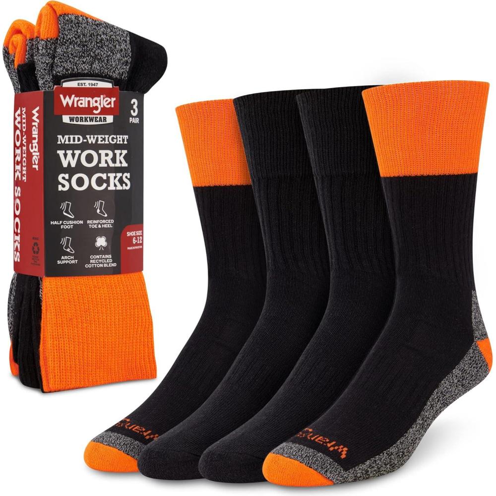 imageWrangler HiVis Work Socks for Men  Cushioned Crew Boot Socks with Arch Support Reinforced Heel ampamp Toe  Size 612BlackOrange