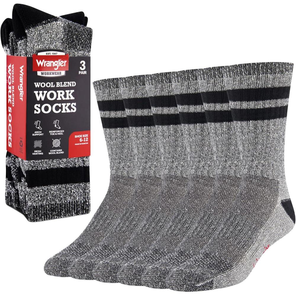 imageWrangler Mens Blended Wool Work Socks Crew Socks for Hiking Boots ampamp AllWeather Wear with Arch Support Size 612Black
