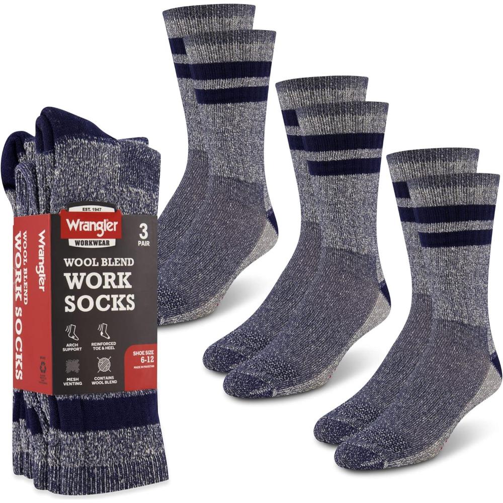 imageWrangler Mens Blended Wool Work Socks Crew Socks for Hiking Boots ampamp AllWeather Wear with Arch Support Size 612Blue