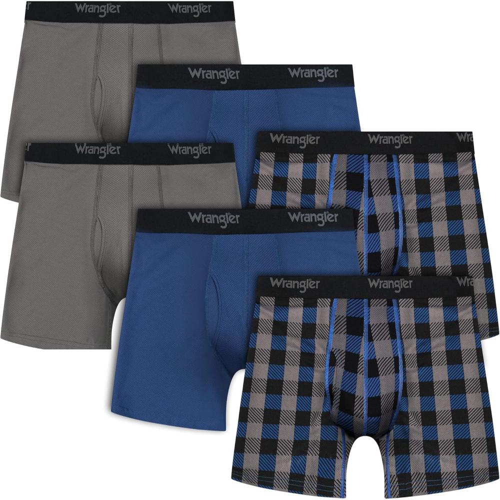 imageWrangler Mens Cooling Boxer Briefs 6 Inseam MoistureWicking Stretch Fabric Pack of 6 Quick DryCharcoalBlue Buffalo PlaidPo