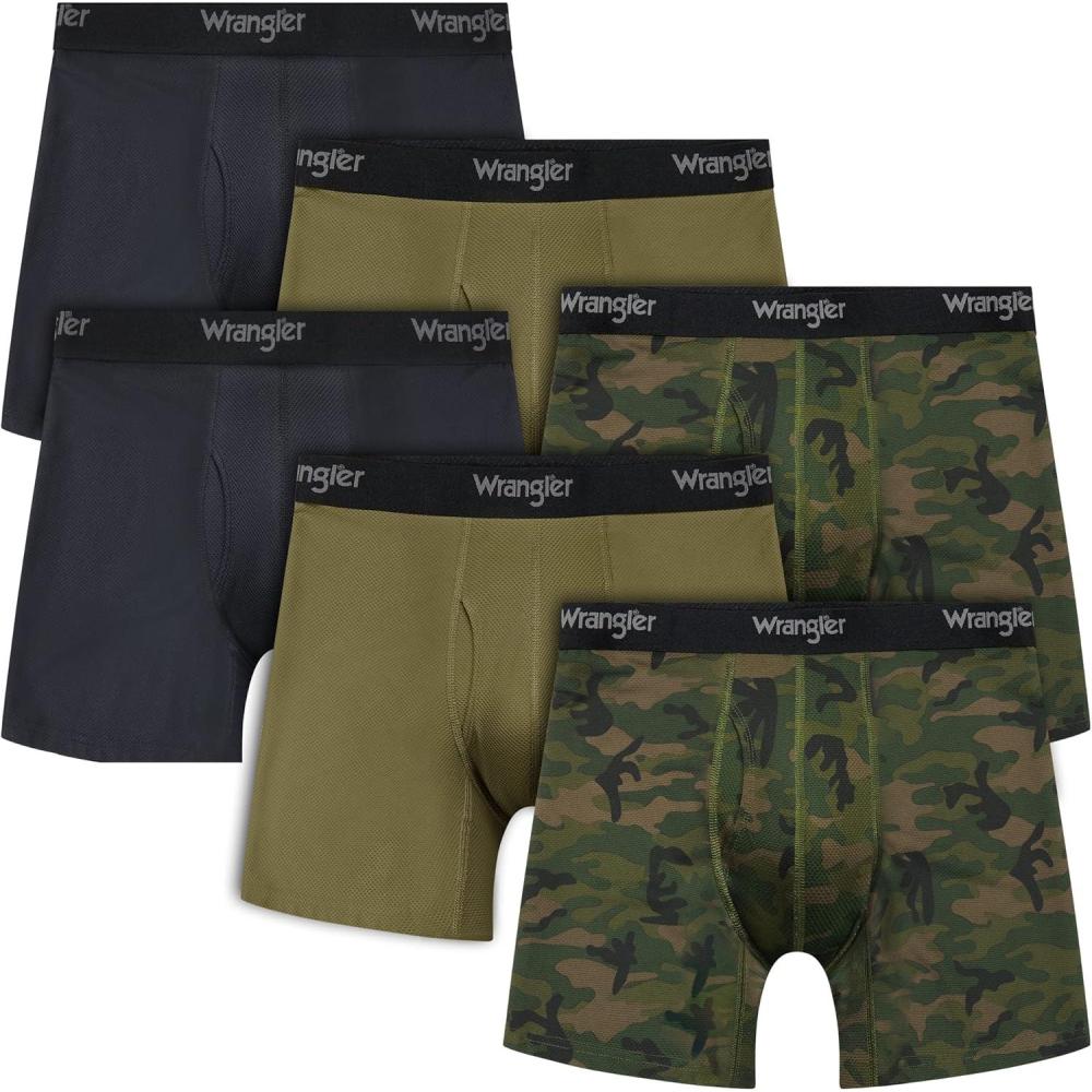 imageWrangler Mens Cooling Boxer Briefs 6 Inseam MoistureWicking Stretch Fabric Pack of 6 Quick DryDuffle GreenGreen CamoBlack