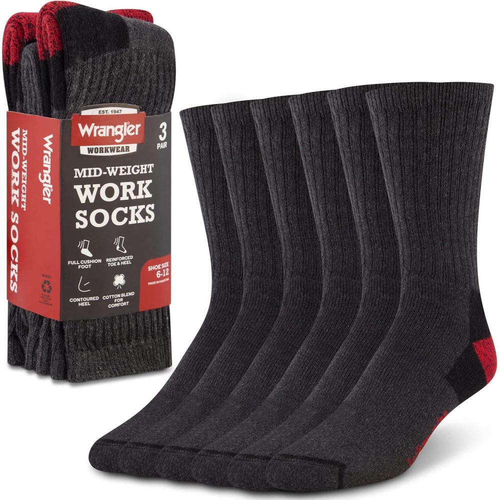 imageWrangler Mens Midweight Outdoor Work Socks Cushioned Arch Support Size 612 Recycled Cotton 3PackGreyRedGrey