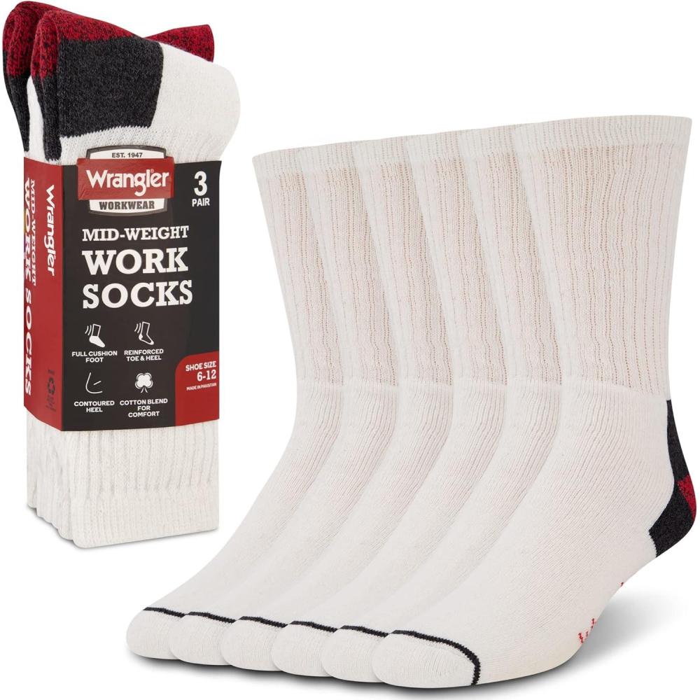 imageWrangler Mens Midweight Outdoor Work Socks Cushioned Arch Support Size 612 Recycled Cotton 3PackWhite RedGrey