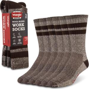 Wrangler Men’s Blended Wool Work Socks – Crew Socks for Hiking, Boots, & All-Weather Wear with Arch Support – Size 6-12(Brown)