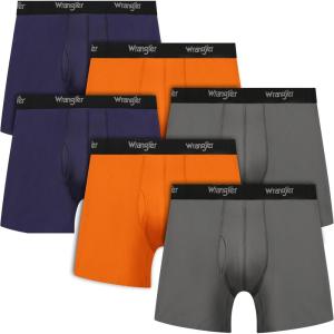 Wrangler Men’s Cooling Boxer Briefs, 6” Inseam, Moisture-Wicking, Stretch Fabric, Pack of 6, Quick Dry(Navy/Orange/Grey)