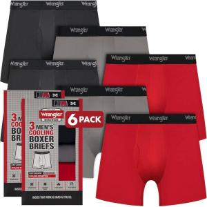 Wrangler Men’s Cooling Boxer Briefs, 6” Inseam, Moisture-Wicking, Stretch Fabric, Pack of 6, Quick Dry(Red/Black/Charcoal)