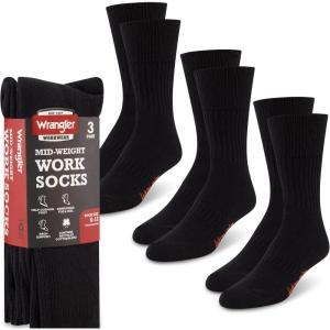 Wrangler Men’s Mid Weight Outdoor Socks – Work Socks for Men with Arch Support, Cushioned Toe & Heel – Size 6-12(Black)