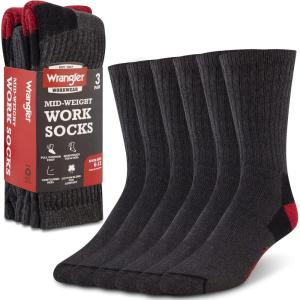 Wrangler Men’s Midweight Outdoor Work Socks, Cushioned, Arch Support, Size 6-12, Recycled Cotton, 3-Pack(Grey(/Red/Grey))