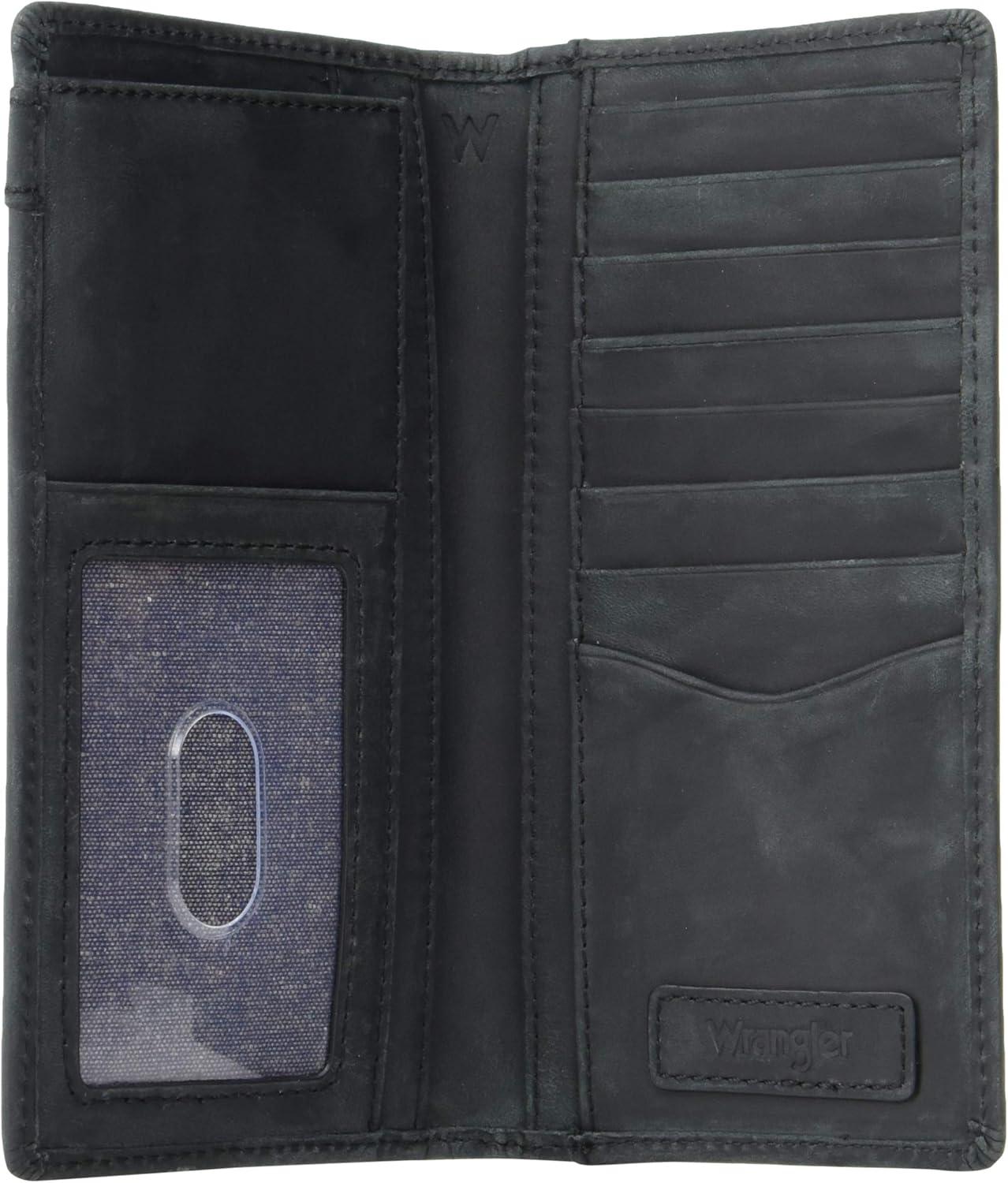 imageWrangler Mens Bifold Wallet with FlipOut ID Window Genuine Leather Gift for HimBlack Leather Patch