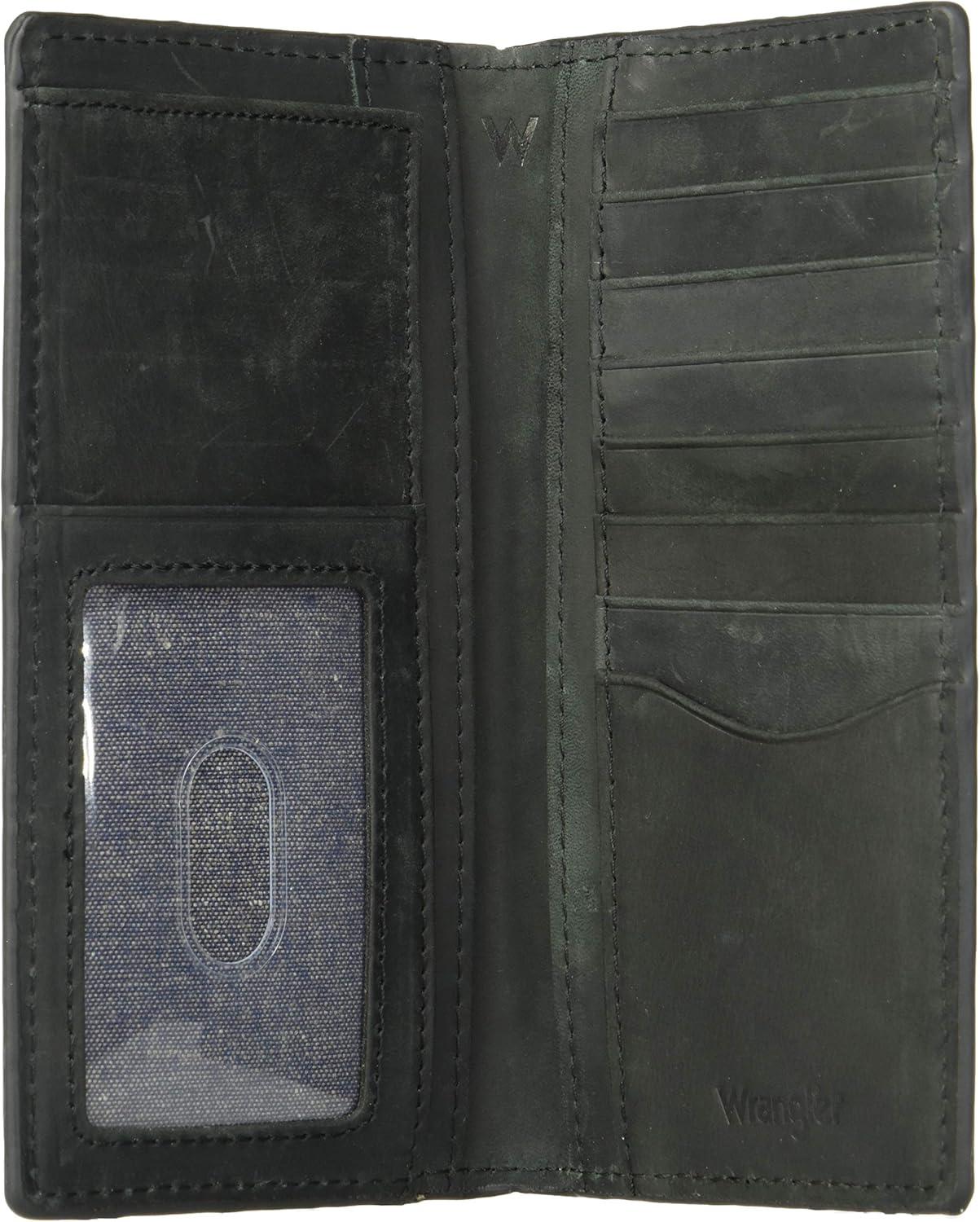 imageWrangler Mens Bifold Wallet with FlipOut ID Window Genuine Leather Gift for HimBlack Metal Logo Traveler