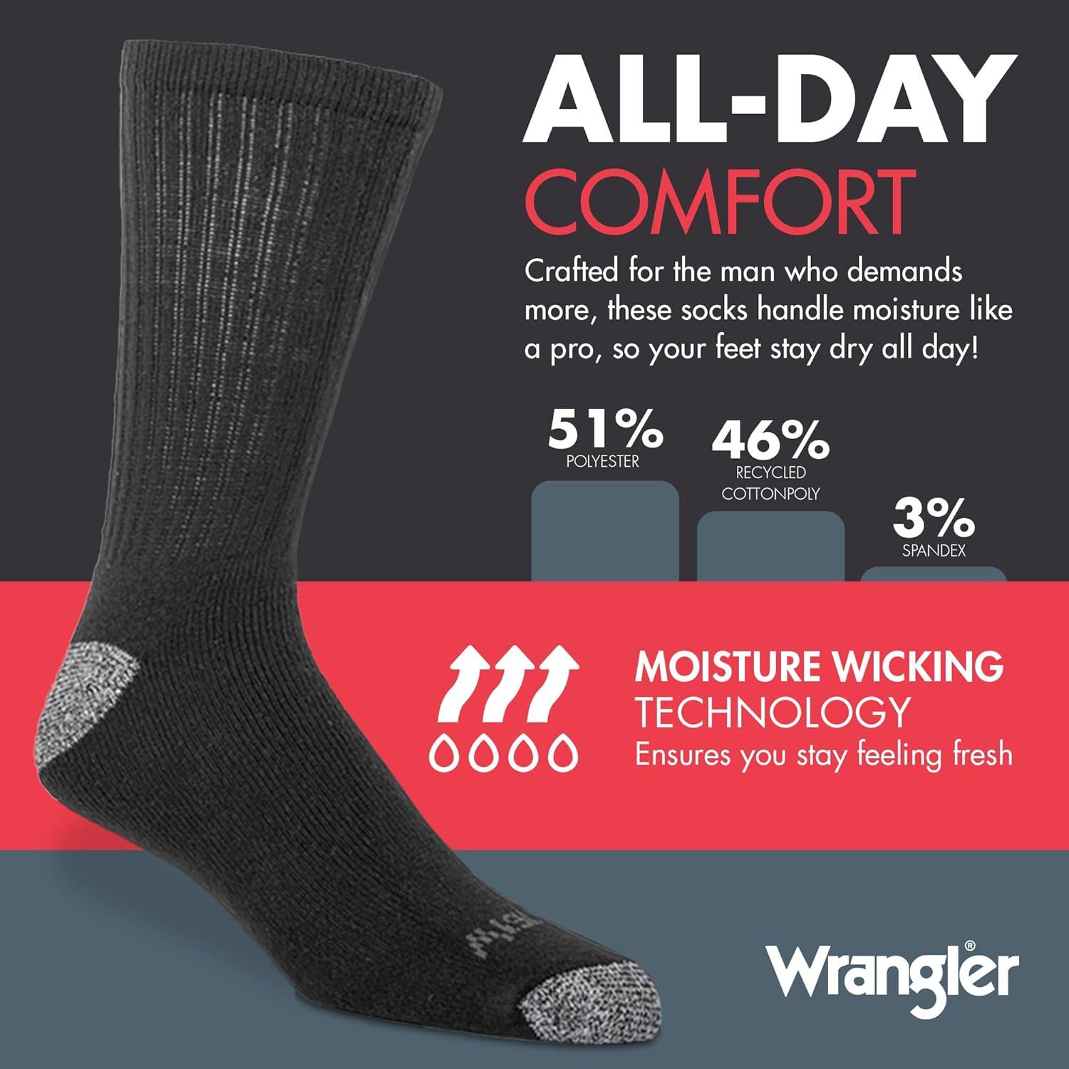 imageWrangler Ultra Dry Crew Socks for Men 12 Pk Full Cushion Arch Support MoistureWicking Steel Toe fits shoe size 612Black