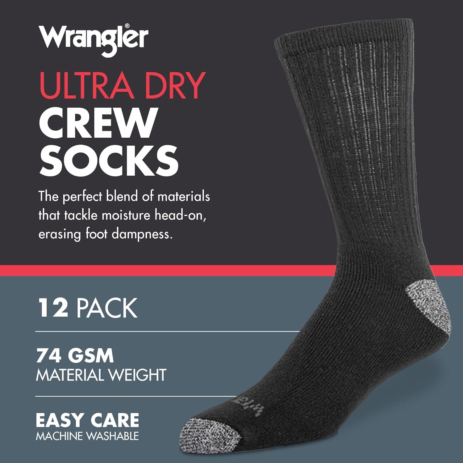 imageWrangler Ultra Dry Crew Socks for Men 12 Pk Full Cushion Arch Support MoistureWicking Steel Toe fits shoe size 612Black