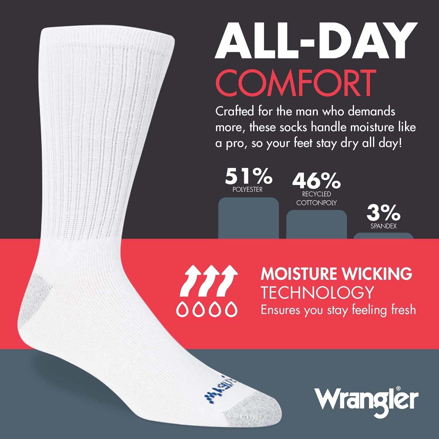 imageWrangler Ultra Dry Crew Socks for Men 12 Pk Full Cushion Arch Support MoistureWicking Steel Toe fits shoe size 612White